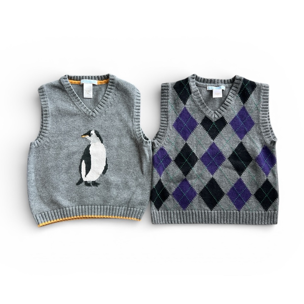 Janie & Jack Gray Penguin and Argyle Sweater Vests set cotton wool blend Sz 3